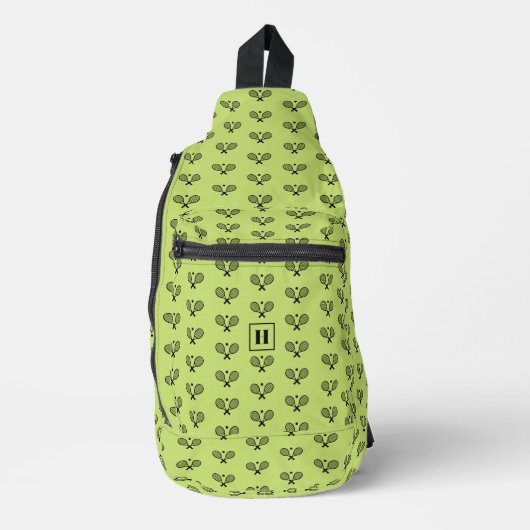 Monogrammed zwart tennisracketpatroon sling bag (Voorkant)