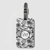 Monogrammed zwart-wit bloemen Abstract Bagagelabel (Voorkant (verticaal))