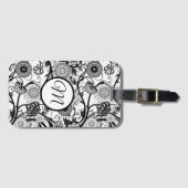 Monogrammed zwart-wit bloemen Abstract Bagagelabel (Voorkant (horizontaal))