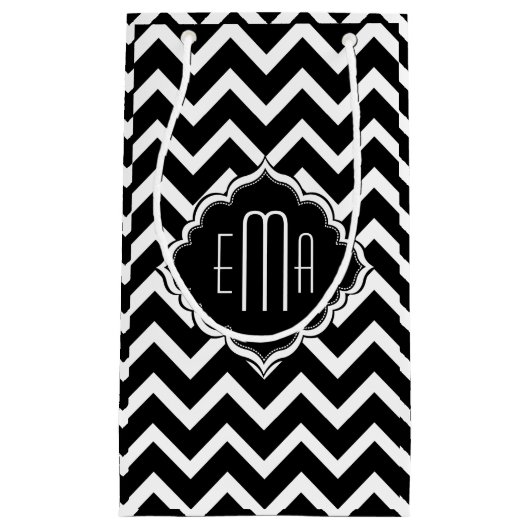 Monogrammed Zwart & Wit Geometrisch Zigzag Chevron Klein Cadeauzakje (Voorkant)