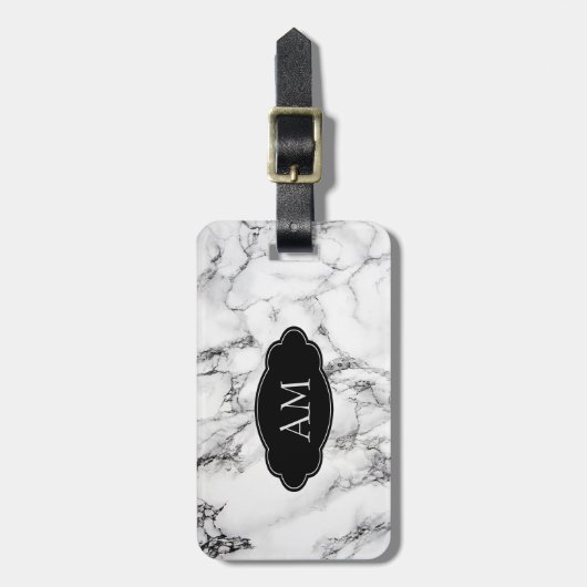 Monogrammed Zwart Wit Marmeren Steen Patroon Bagagelabel (Voorkant verticaal)