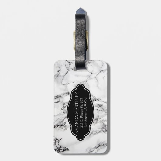 Monogrammed Zwart Wit Marmeren Steen Patroon Bagagelabel (Achterkant verticaal)