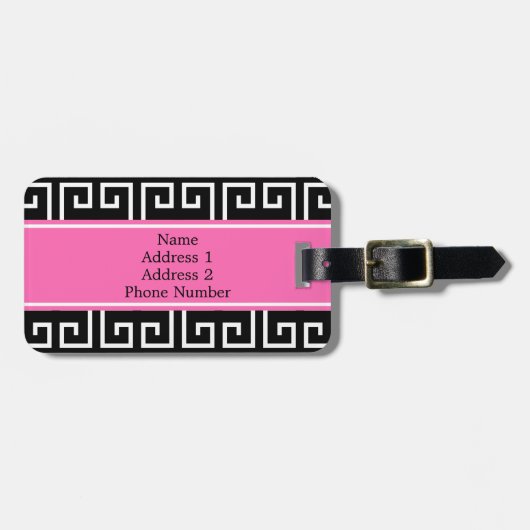 Monogrammed Zwart, Wit, Roze Geometrisch Patroon Bagagelabel (Voorkant horizontaal)
