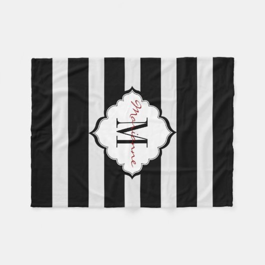 Monogrammed Zwart & Wit Stripes Fleece Deken (Voorkant (Horizontaal))