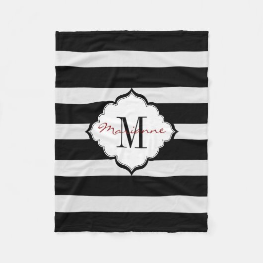 Monogrammed Zwart & Wit Stripes Fleece Deken (Voorkant)