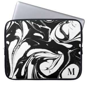 Monogrammed, zwart-witte marmertextuur laptop sleeve