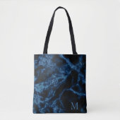 Monogrammed zwarte achtergrond en blauwe glitter tote bag (Voorkant)