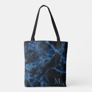 Monogrammed zwarte achtergrond en blauwe glitter tote bag