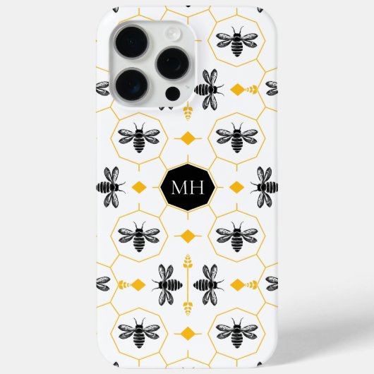 Monogrammed Zwarte bij Gele Honingraat Modern Case-Mate iPhone Case (Achterkant)