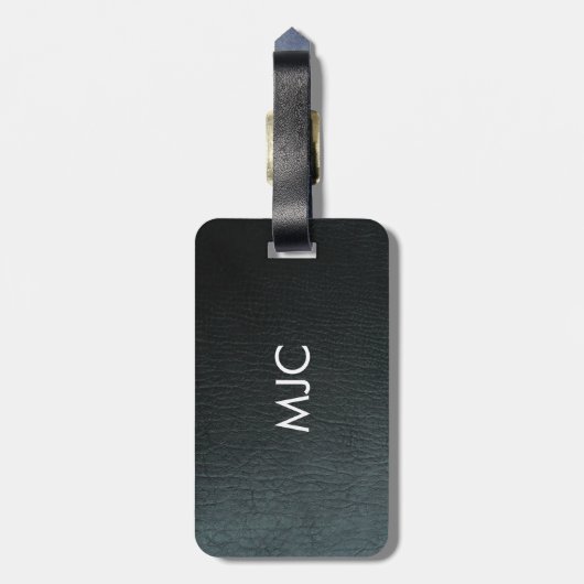 Monogrammed Zwarte-ledertextuur Faux Bagagelabel (Achterkant verticaal)
