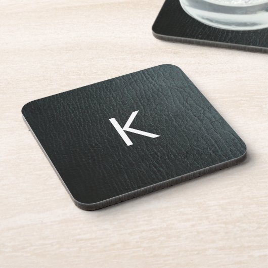 Monogrammed Zwarte-ledertextuur Faux Drankjes Onderzetter (Linkerzijde)
