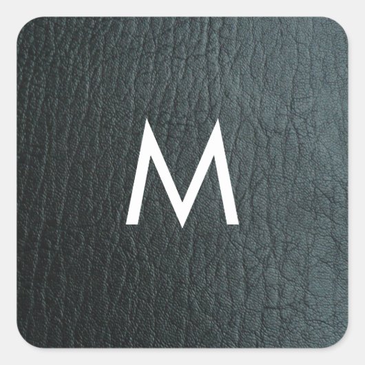 Monogrammed Zwarte-ledertextuur Faux Vierkante Sticker (Voorkant)