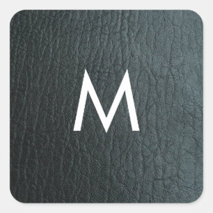 Monogrammed Zwarte-ledertextuur Faux Vierkante Sticker