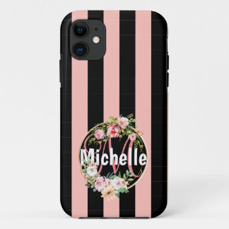 Monogrammed zwarte roze strepen patroon met ventil Case-Mate iPhone case