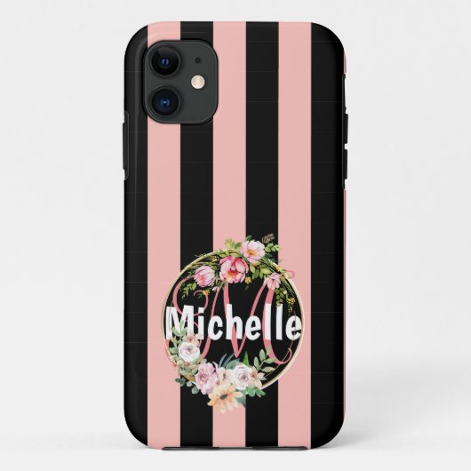 Monogrammed zwarte roze strepen patroon met ventil Case-Mate iPhone case (Achterkant)