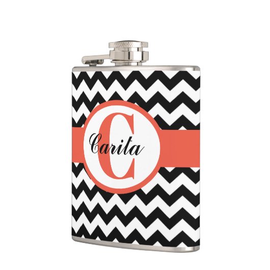 Monogrammed Zwarte/Witte Chevron Vinylfles Heupfles (Links)