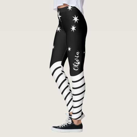 Monogrammed Zwarte Witte Sterren Stripes Graphic Leggings (Links)