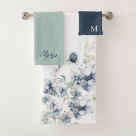 Monogrammeerde Stof Blauw Handdoekenset Bad Handdoek