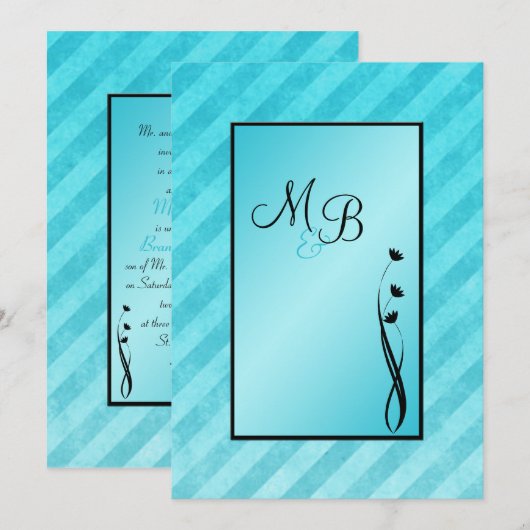 Monogrammen Aqua, Black Floral Stripe Invitation Kaart (Voorkant / Achterkant)