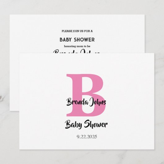 Monogrammen Baby shower Roze Wit Schattige Trendy Kaart (Voorkant / Achterkant)