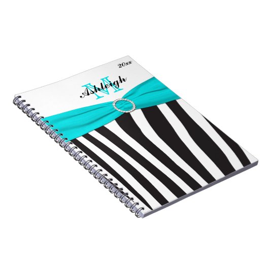 Monogrammen Black Aqua White Zebra Stripe Notitieb Notitieboek (Rechterzijde)