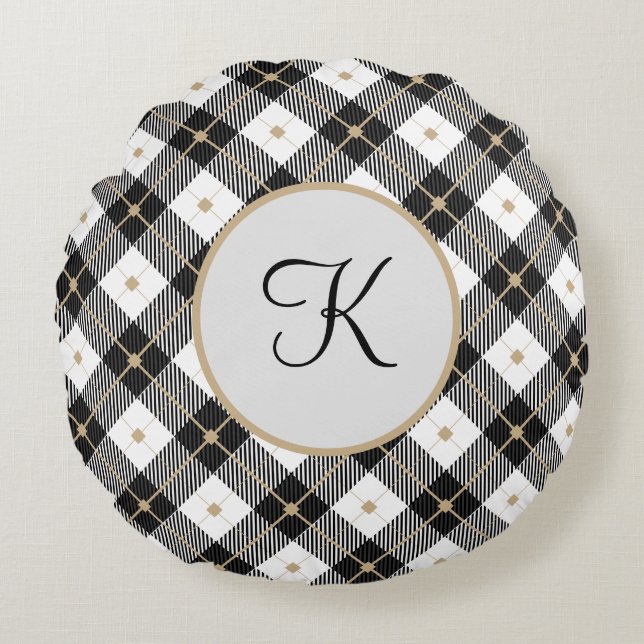 Monogrammen Black White en Gold Pset Round Pillo Rond Kussen (Voorkant)