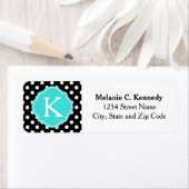 Monogrammen Black White Polka Dots Blue Quatrefoil Etiket (Insitu)