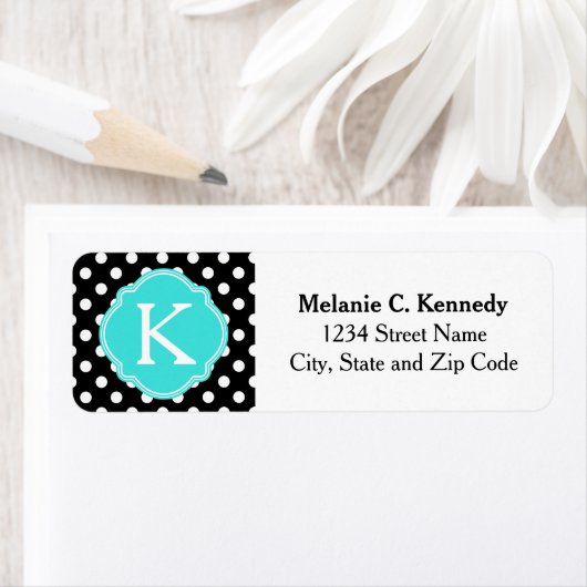 Monogrammen Black White Polka Dots Blue Quatrefoil Etiket (Insitu)