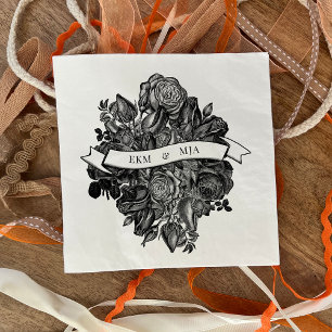 Monogrammen Black White Rozen Bouquet Wedding Servet