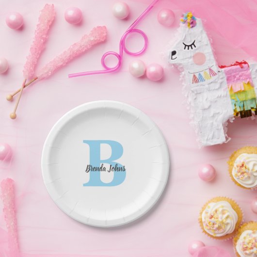Monogrammen Blau Babyfeesten Bruidsjurk Feestdag Papieren Bordje (Feest)