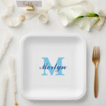 Monogrammen Blau Verjaardagen Baby Shower Elegant Papieren Bordje<br><div class="desc">Ontworpen met tekstsjablonen voor monogram initiaal & naam die je kunt aanpassen! Geweldig voor baby showers,  verjaardagen,  bruidsjonkers en meer!</div>