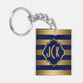 Monogrammen blauw en gouden strepen modern design sleutelhanger (Voorkant Links)