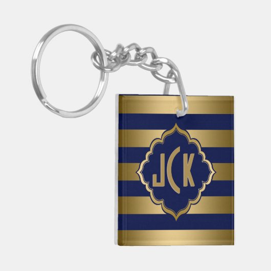 Monogrammen blauw en gouden strepen modern design sleutelhanger (Voorkant Links)