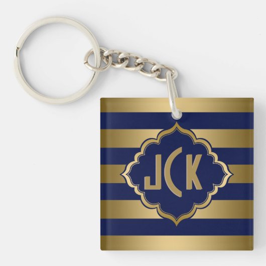 Monogrammen blauw en gouden strepen modern design sleutelhanger (Voorkant)