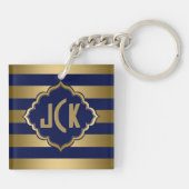 Monogrammen blauw en gouden strepen modern design sleutelhanger (Achterkant)