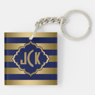 Monogrammen blauw en gouden strepen modern design sleutelhanger