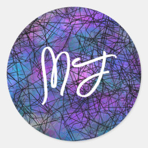 Monogrammen blauwe, zwarte en Paarse digitale kuns Ronde Sticker