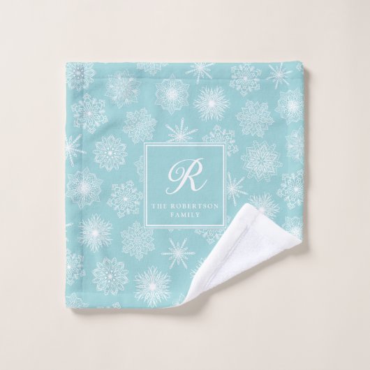 Monogrammen Blauwgroen Aqua Snowflakes Kustwinter Bad Handdoek (Wasdoekje)