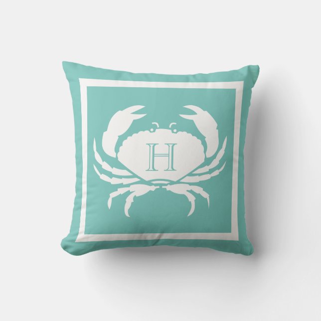 Monogrammen Blauwgroen blauwe witte krab Nautisch Buitenkussen (Voorkant)