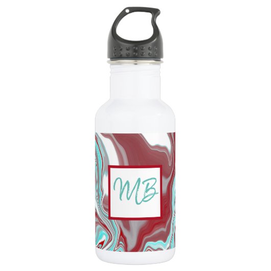 Monogrammen Blauwgroen, Bourgogne, rode en witte m Waterfles (Voorkant)