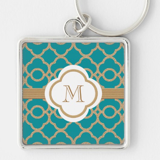 Monogrammen Blauwgroen en Gold Moroccan Sleutelhanger (Voorkant)