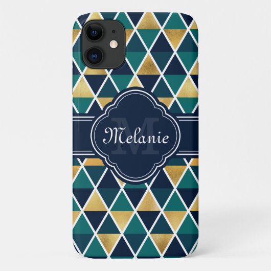 Monogrammen Blauwgroen gouddriehoekspatroon Case-Mate iPhone Case (Achterkant)