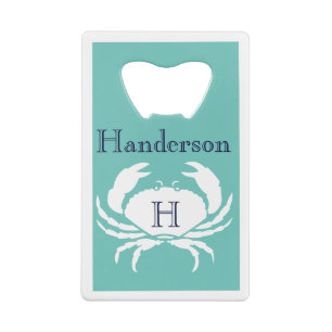 Monogrammen Blauwgroen marine Blue White Crab Naut Creditkaart Flessenopener
