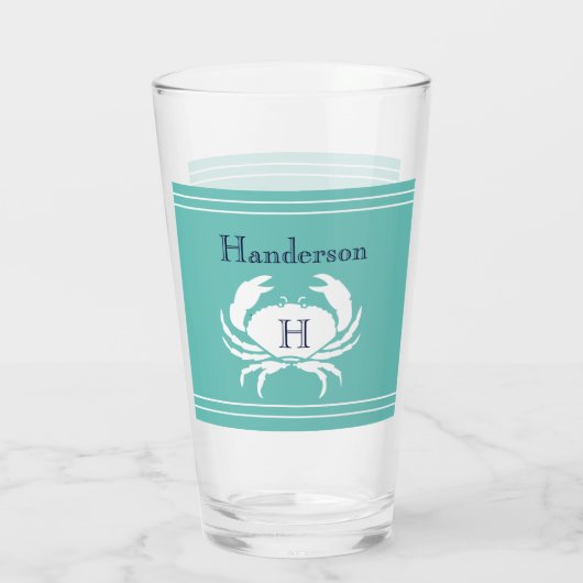 Monogrammen Blauwgroen marine Blue White Crab Naut Glas (Achterkant)