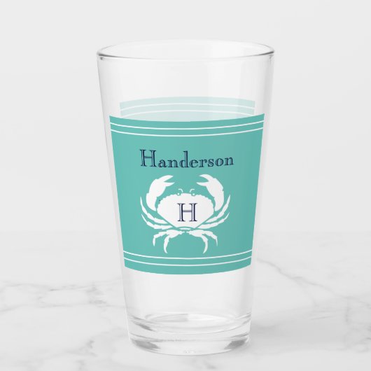 Monogrammen Blauwgroen marine Blue White Crab Naut Glas (Voorkant)
