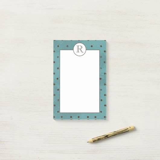 Monogrammen, blauwgroen met bruine stippen post-it® notes (Op bureau)
