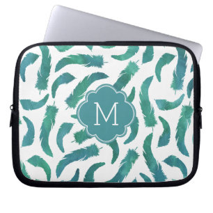 Monogrammen Blauwgroen Waterverf Vuurpatronen Laptop Sleeve