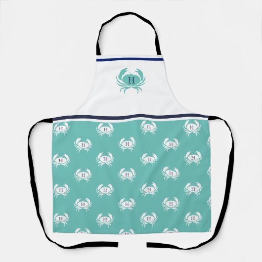 Monogrammen Blauwgroen witte marineblauw krab Naut Schort (Voorkant)