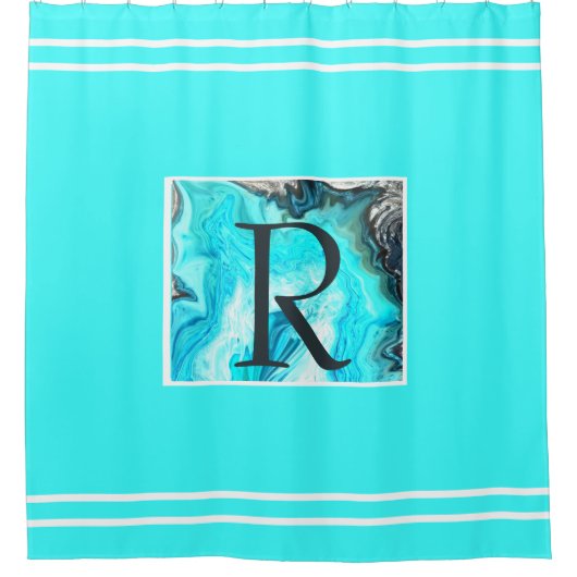 Monogrammen Blauwgroen witte strepen Agate Art Ele Douchegordijn (Voorkant)