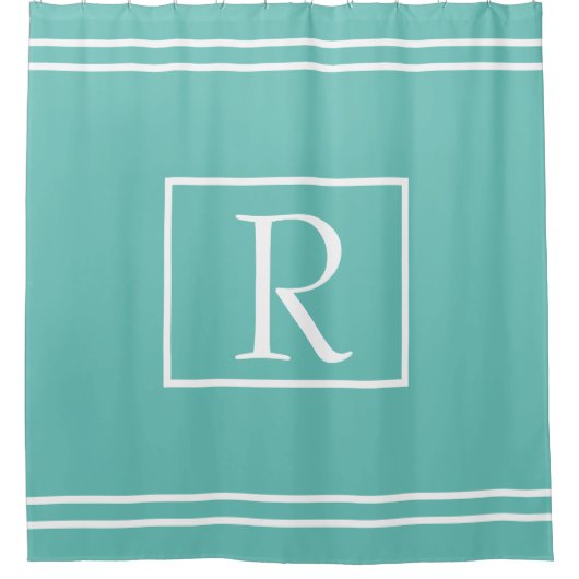 Monogrammen Blauwgroen Witte Stripes Aangepaste na Douchegordijn (Voorkant)